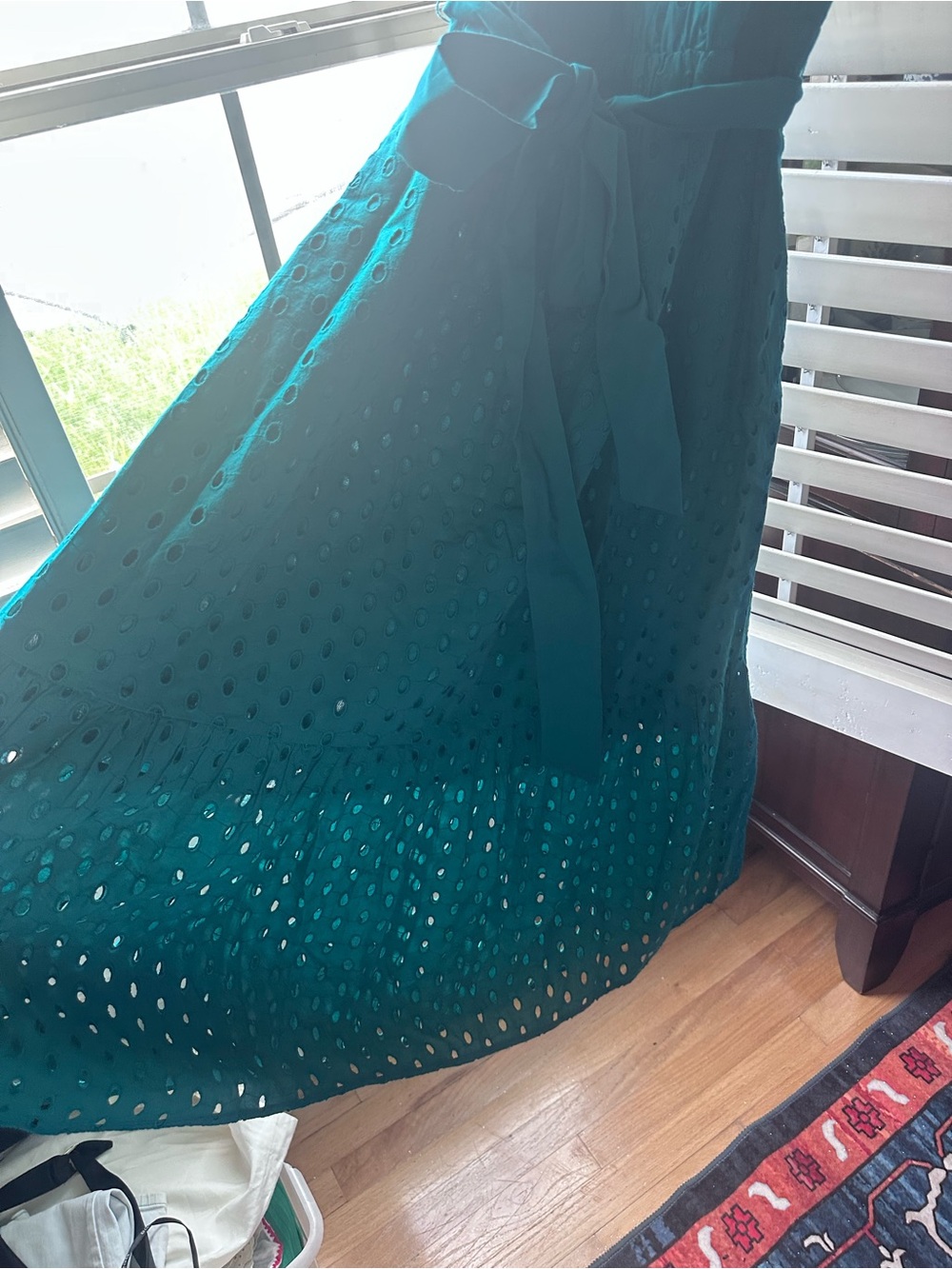 J. Crew Teal Eyelet Maxi Dress with Waist Tie - Picture 2 of 4